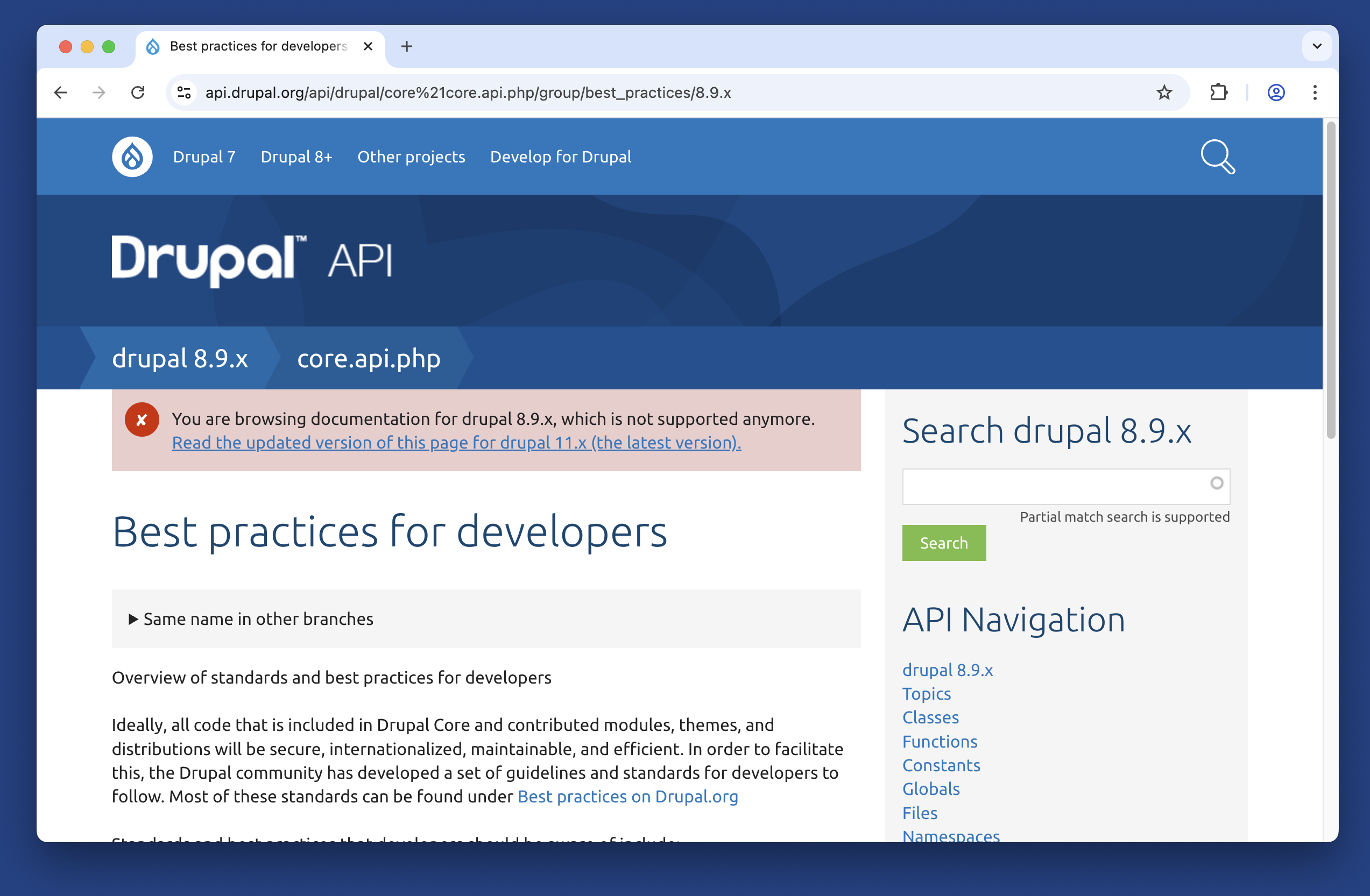 Screenshot of api.drupal.org with the new message