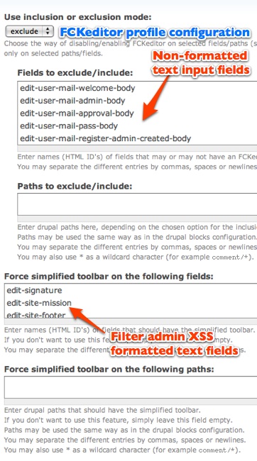 FCKeditor profile configuration screen annotated