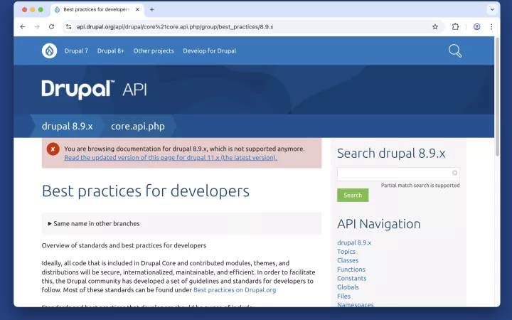 Screenshot of api.drupal.org with the new message