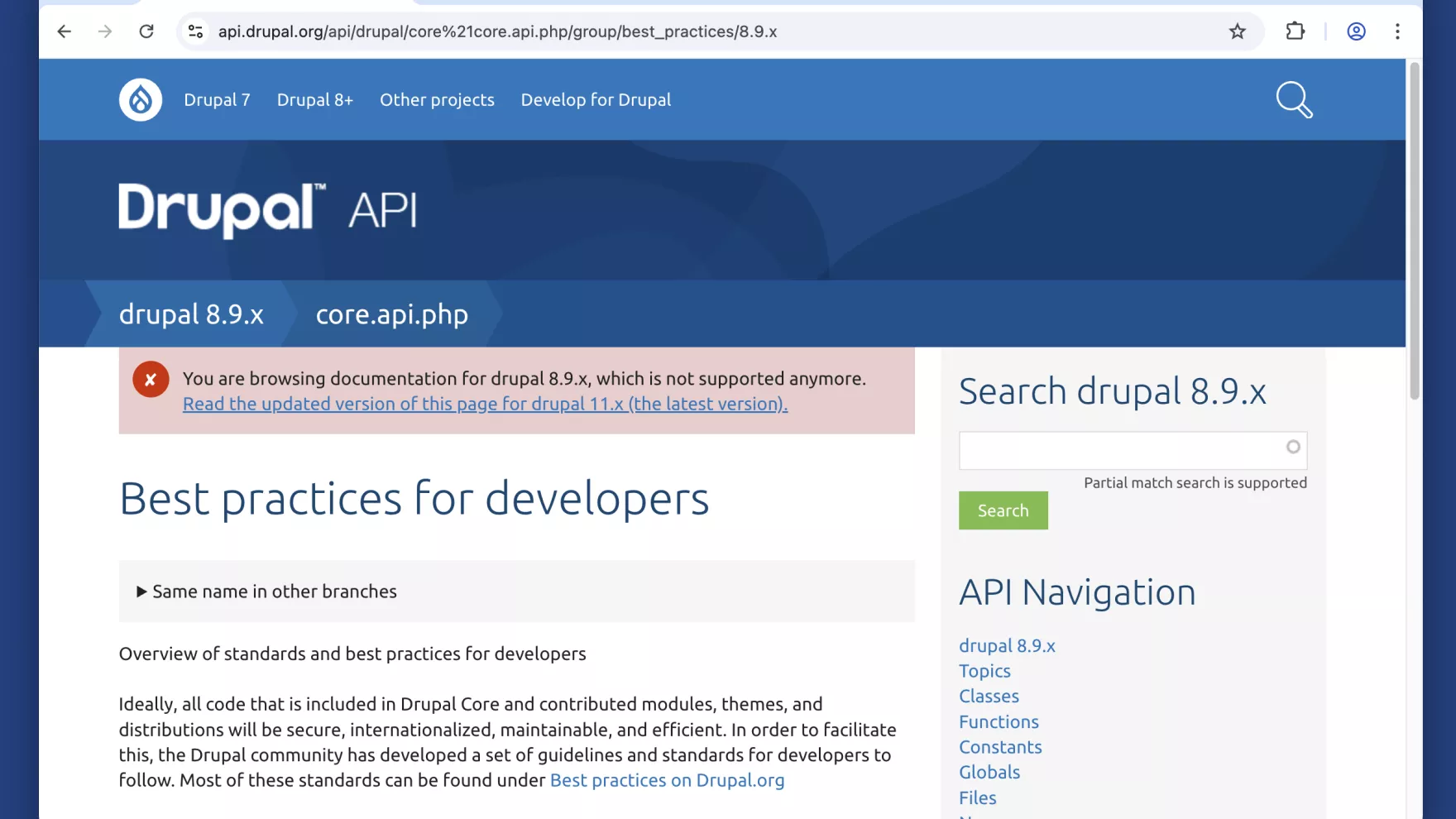 Screenshot of api.drupal.org with the new message