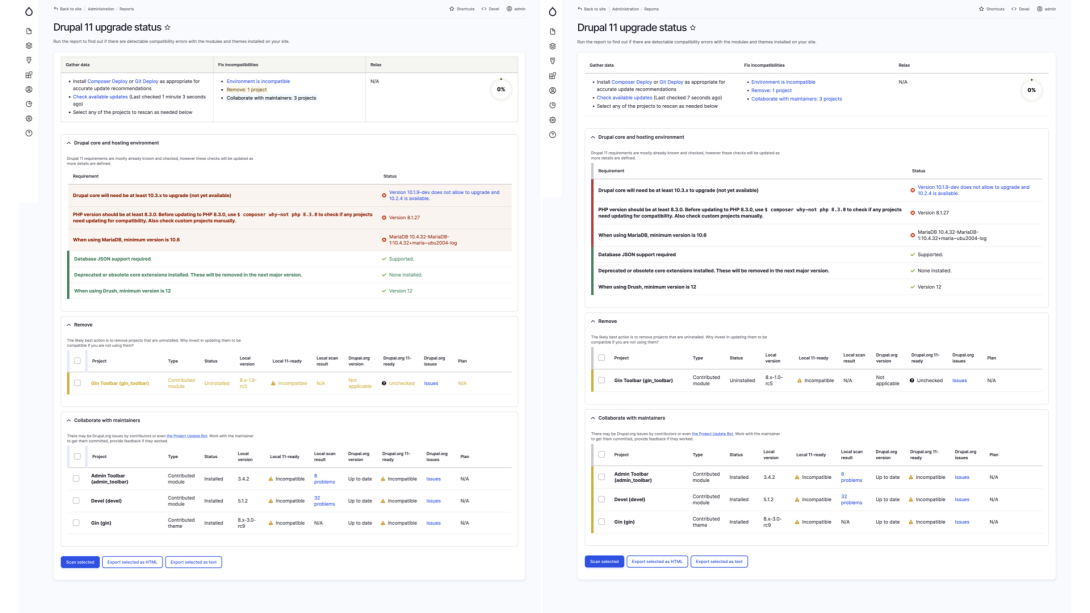 Gin light mode with Upgrade Status 4.1.0 and 4.2.0