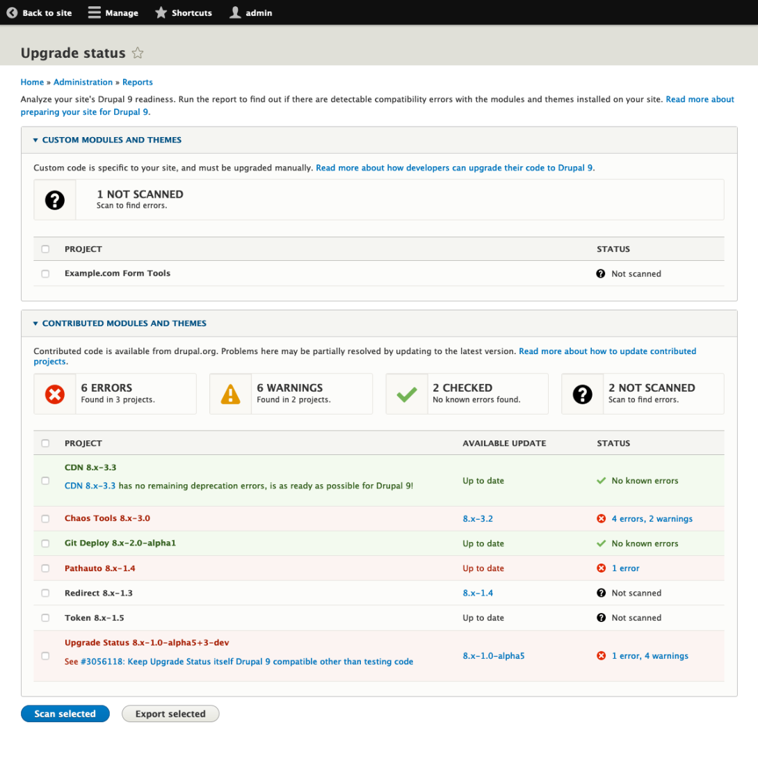 Upgrade Status summary page after scanning several projects.