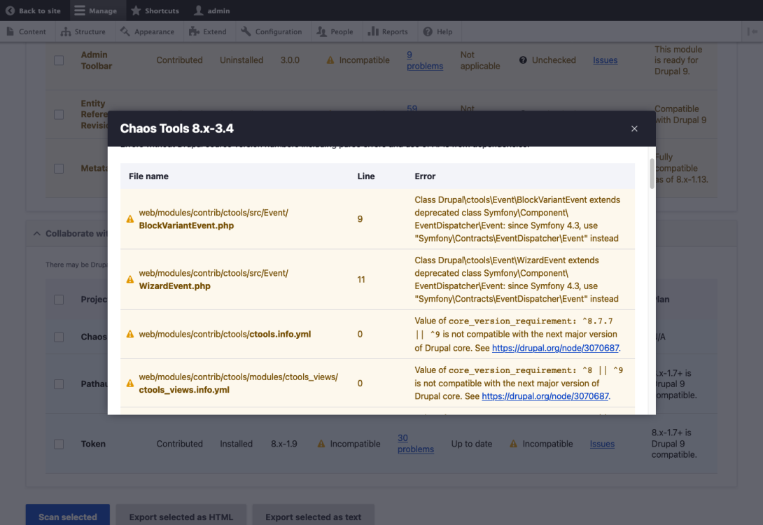 Part of Upgrade Status results on Drupal 9 for CTools