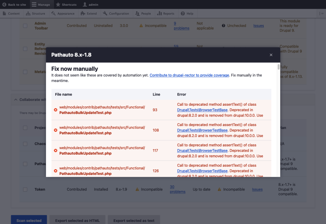 Part of Upgrade Status results on Drupal 9 for Pathauto